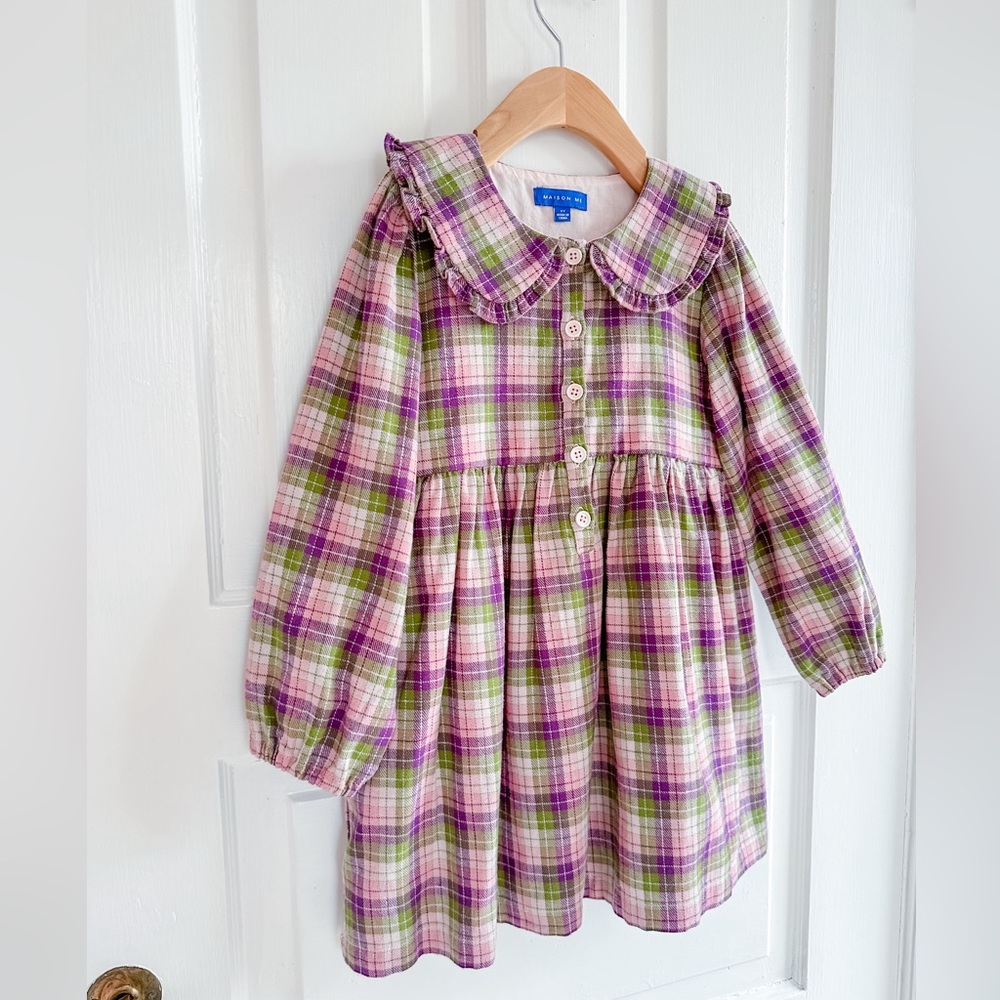 Plaid Long-Sleeve Kids Dress - Picture 5 of 12
